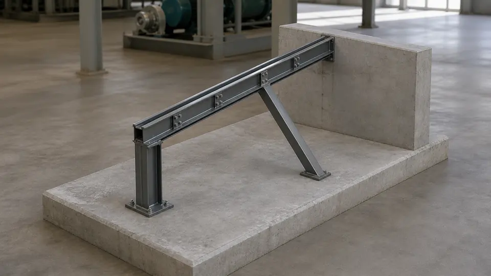 Steel beam support assembly beside industrial equipment.