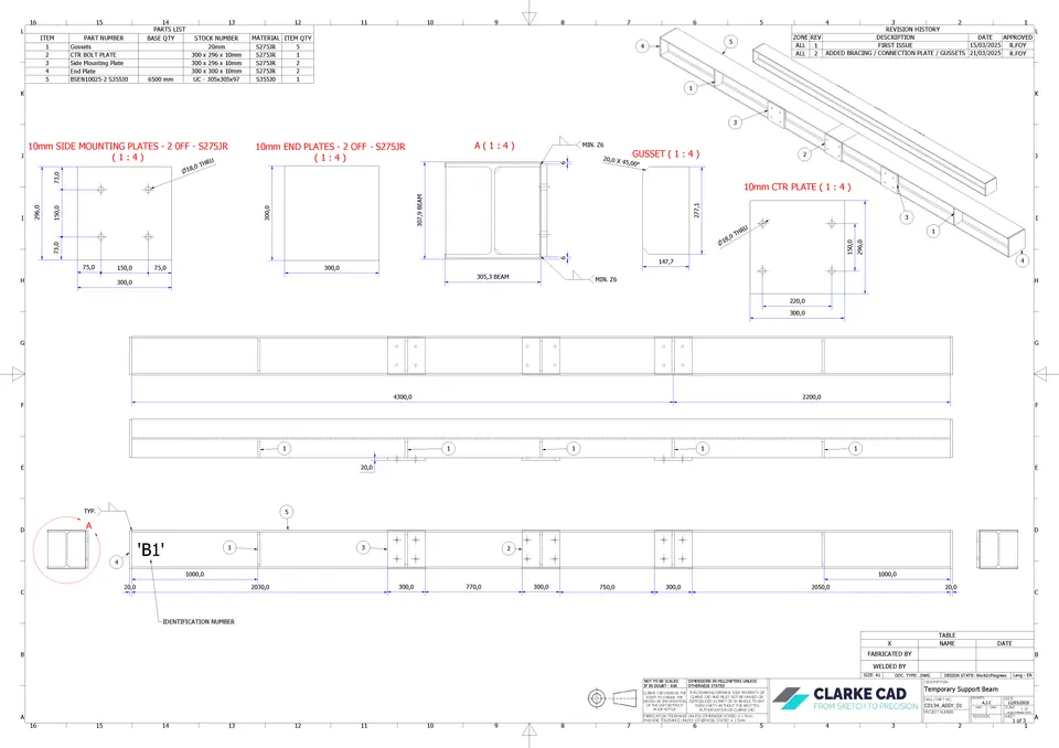 Fabrication drawing with part and plate details
