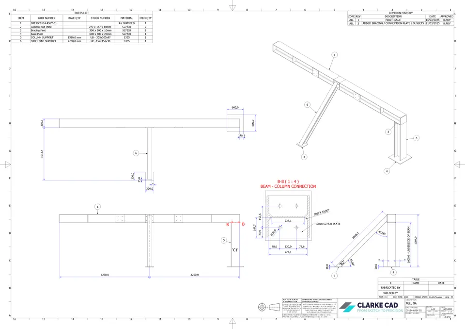 General arrangement drawing showing a beam support and connection detail