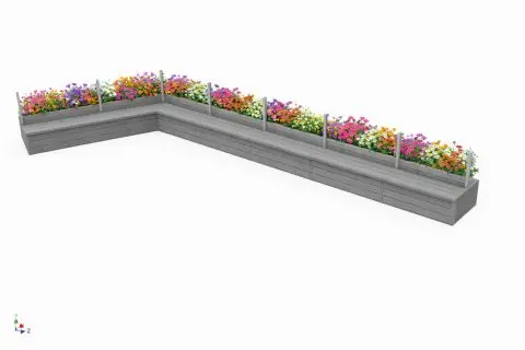 3D CAD render of an L-shaped bench terrace with integrated planters.