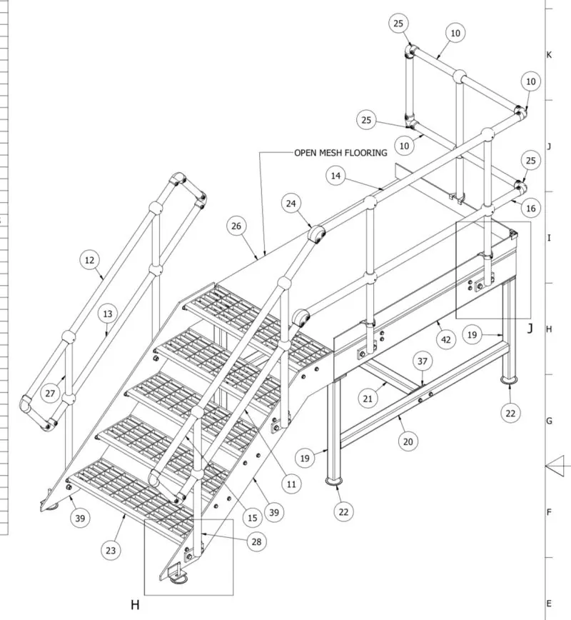 Technical drawing showing the stair, landing, guardrails and support frame for container access.
