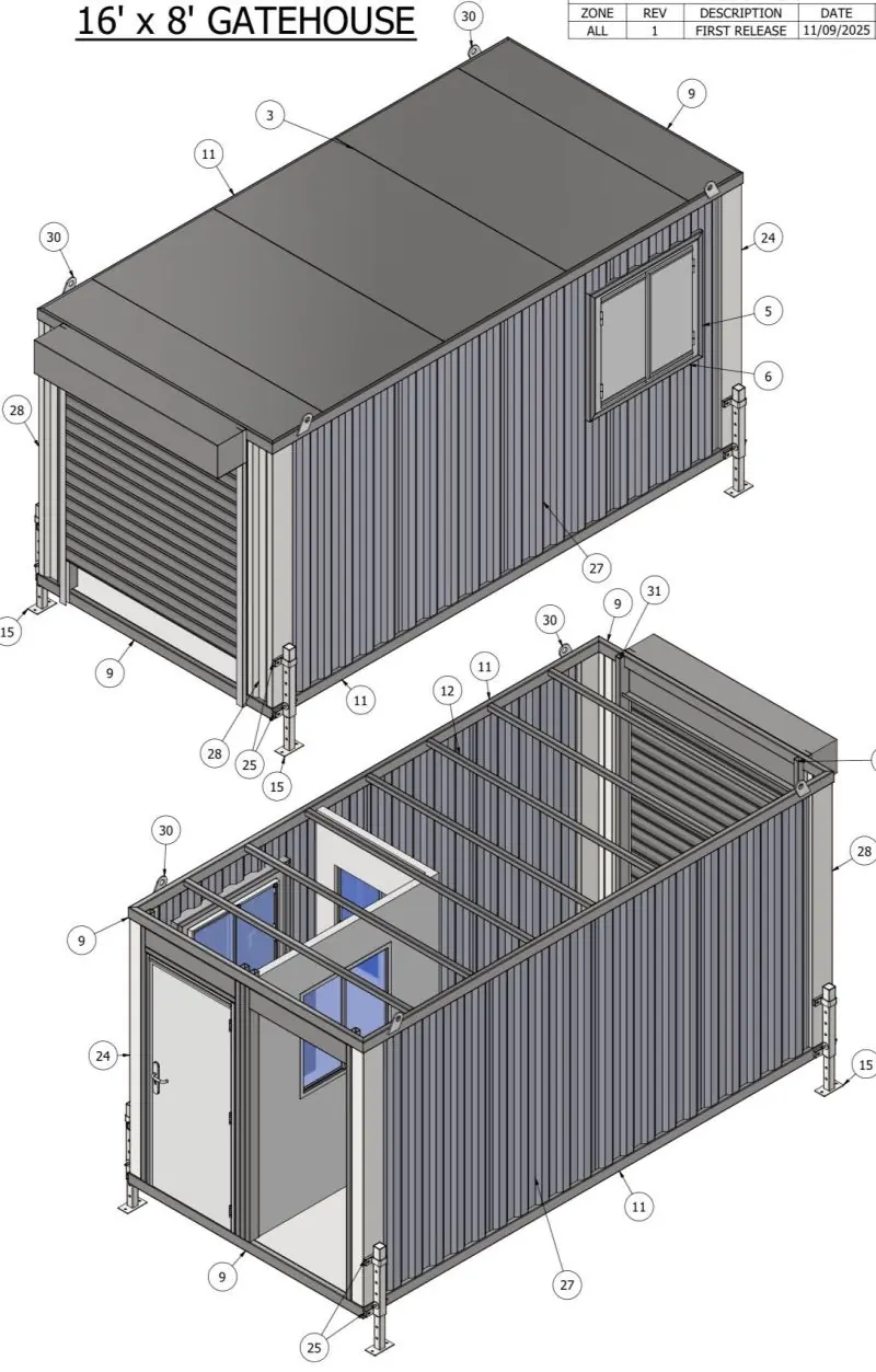 Exploded gatehouse drawing view labelled 16 foot by 8 foot with framing and support details.