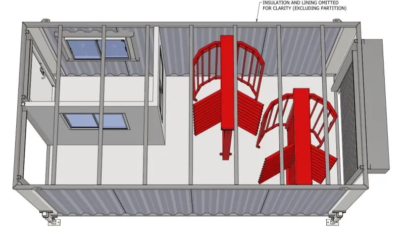 3D cutaway model of a gatehouse showing the framed container shell and internal stair arrangement.