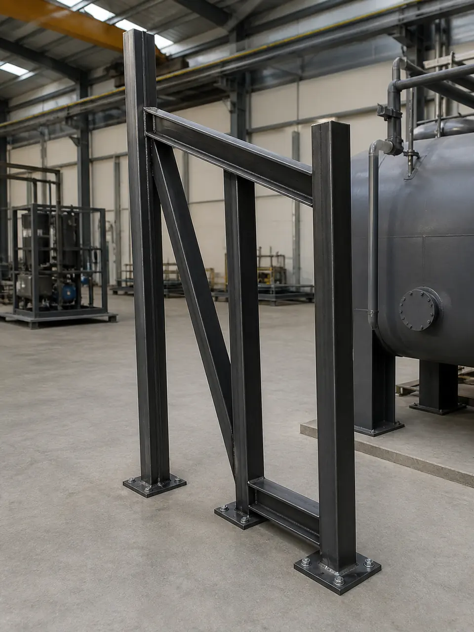 Steel support frame beside industrial equipment.