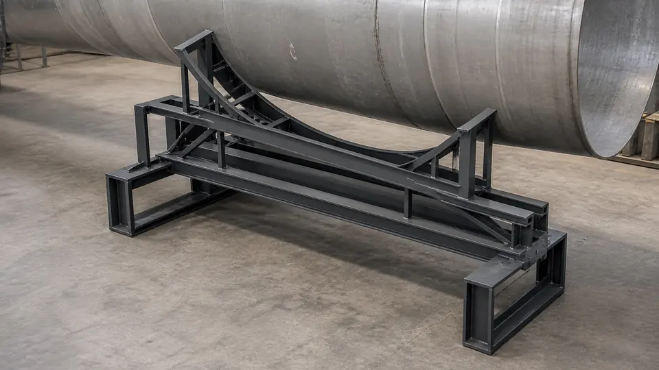 Fabricated duct saddle support holding a large industrial duct section.