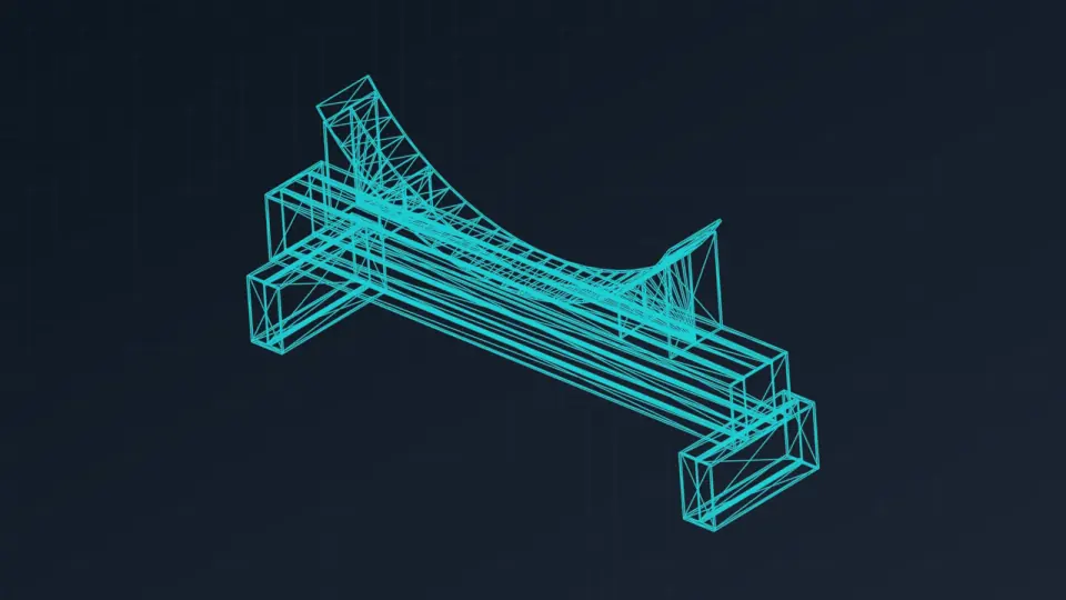 Cyan CAD wireframe model of a duct saddle support assembly.